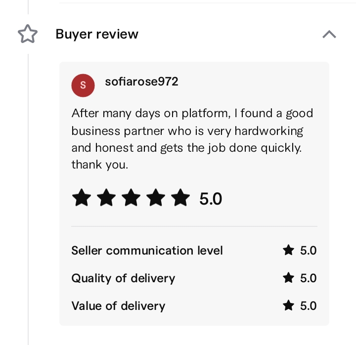 After many days on platform, I found a good business partner who is very hardworking and honest and gets the job done quickly. Thank you.